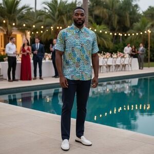 Vatpave Mens XXL Short Sleeve Button Down Shirt Blue Green Tribal Geometric NWT